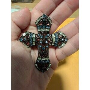 ESTATE SILVER TONE PASTE AMETHYST PEAR BAGUETTE CUT CZ CROSS PENDANT 2 1/2"